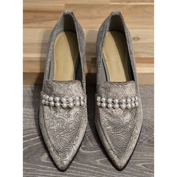 Marc Fisher Shoes - Marc Fisher Silver Gray Floral Brocade Velvet Loafers Beaded Size 5M Moto Boho